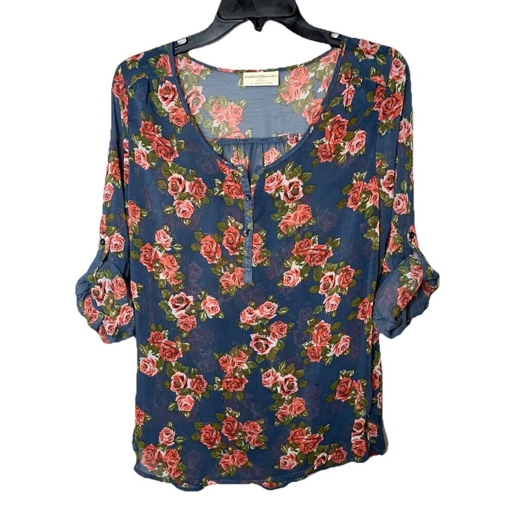 Bobbie Brooks Semi Sheer Blouse Floral Pattern 1/4 Button Up Roll Sleeves Sz L